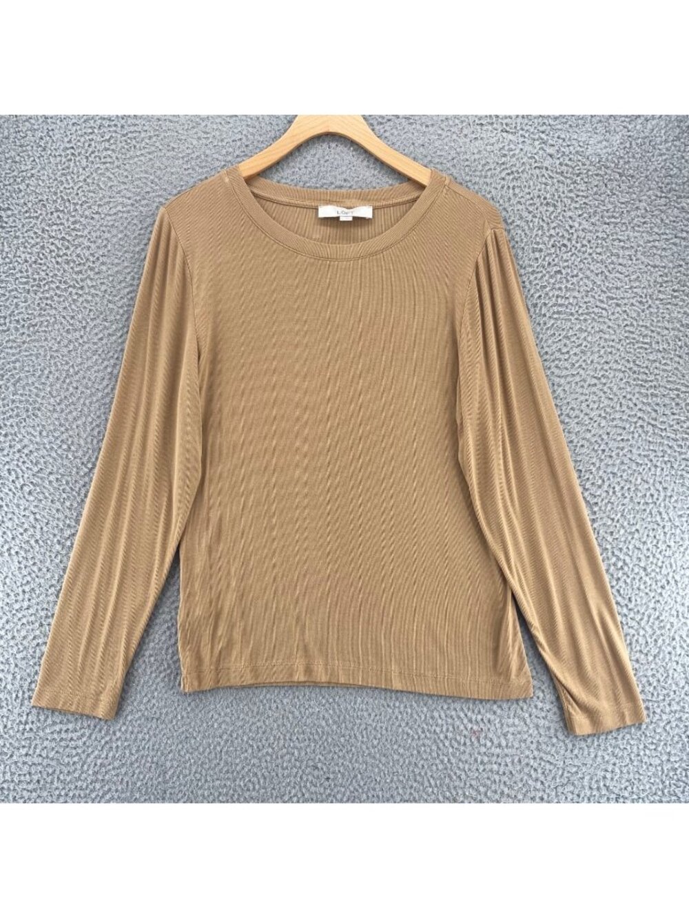 LOFT Top Womens Large Brown Stretch Ribbed Knit Modal Crew Neck Long Sleeves